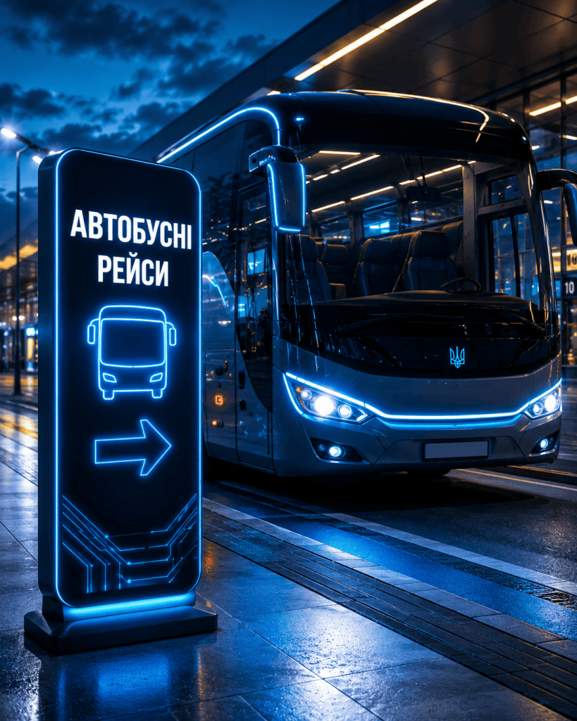 Сучасний комфортабельний автобус ввечері на автовокзалі для міжнародних рейсів з Польщі.