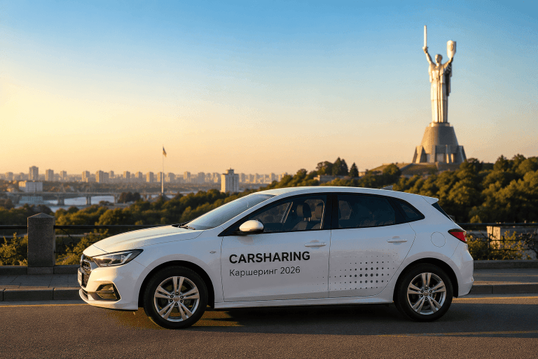 Білий автомобіль каршерингу на фоні панорами Києва 2026 року.