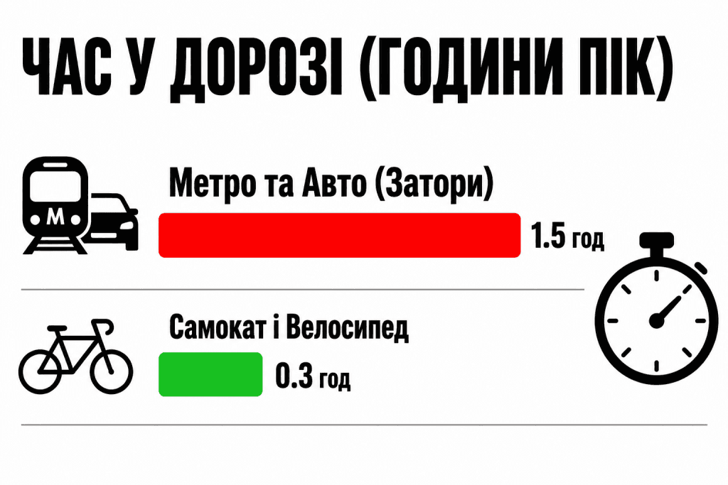 Діаграма, що порівнює час у дорозі в години пік у Києві для різних видів транспорту на дистанціях 5 км та 10 км. Немає людей.