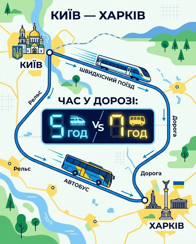 Інфографіка порівняння часу в дорозі з Києва до Харкова різними видами транспорту.