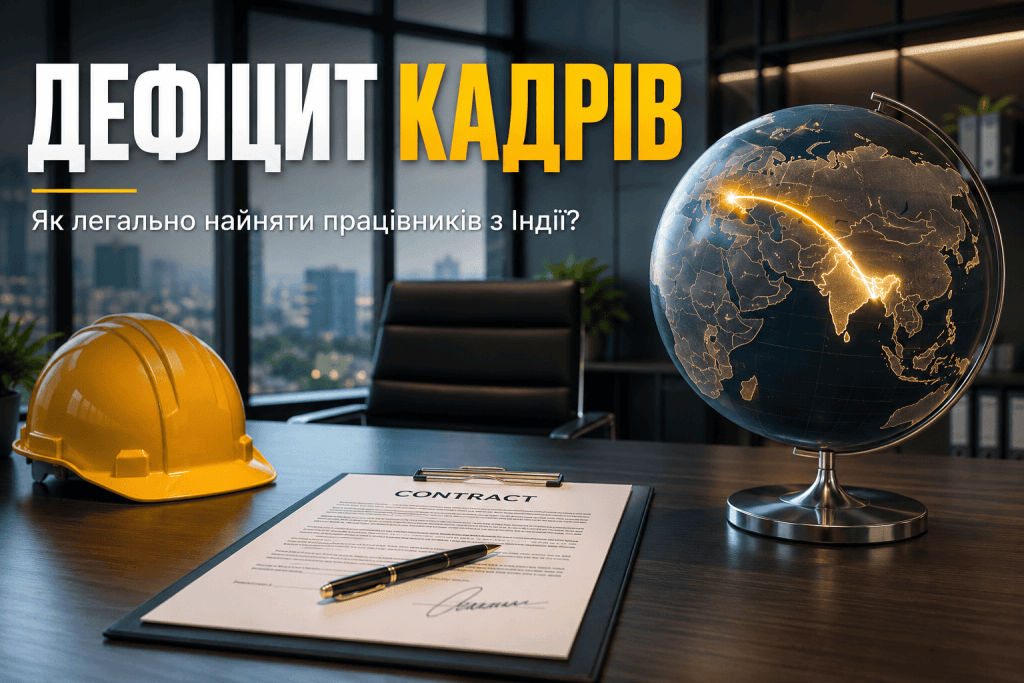 Дефіцит робочої сили в Україні: покроковий гайд із найму працівників з Індії. На столі лежить контракт, будівельна каска та глобус із маршрутом, офіс у місті Київ.