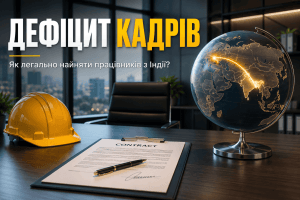 Дефіцит робочої сили в Україні: покроковий гайд із найму працівників з Індії. На столі лежить контракт, будівельна каска та глобус із маршрутом, офіс у місті Київ.
