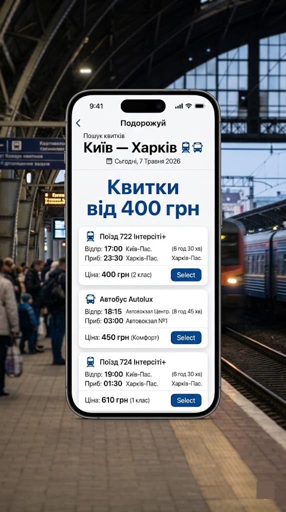 Смартфон із додатком для купівлі квитків на автобус та поїзд Київ-Харків.