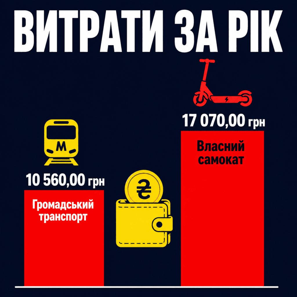 Діаграма, що порівнює річні витрати на громадський транспорт у Києві за ціною 30 гривень за поїздка з витратами на власний електросамокат. Немає людей.