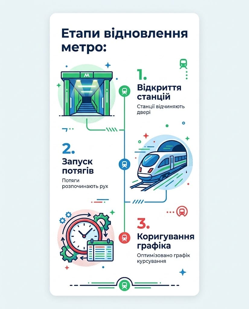 Інфографіка: етапи відновлення роботи підземних та наземних станцій метро у Києві після тривоги.