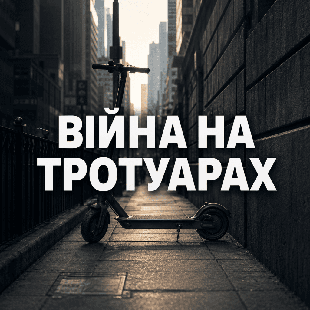 Сучасний електросамокат, залишений посеред вузького міського тротуару на тлі розмитих урбаністичних багатоповерхівок. На зображенні розміщено великий контрастний напис "ВІЙНА НА ТРОТУАРАХ". Без людей.