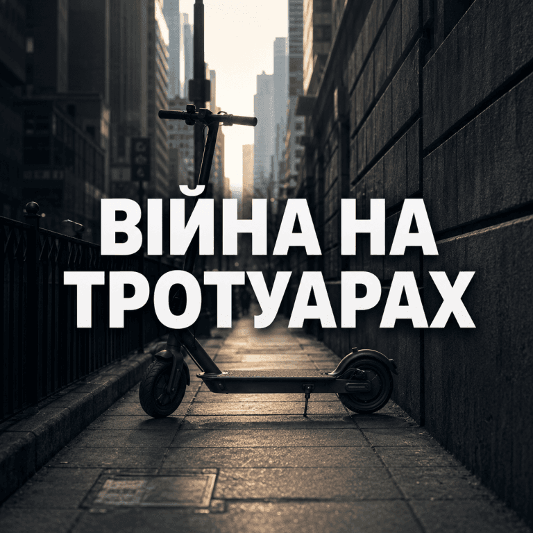 Сучасний електросамокат, залишений посеред вузького міського тротуару на тлі розмитих урбаністичних багатоповерхівок. На зображенні розміщено великий контрастний напис "ВІЙНА НА ТРОТУАРАХ". Без людей.