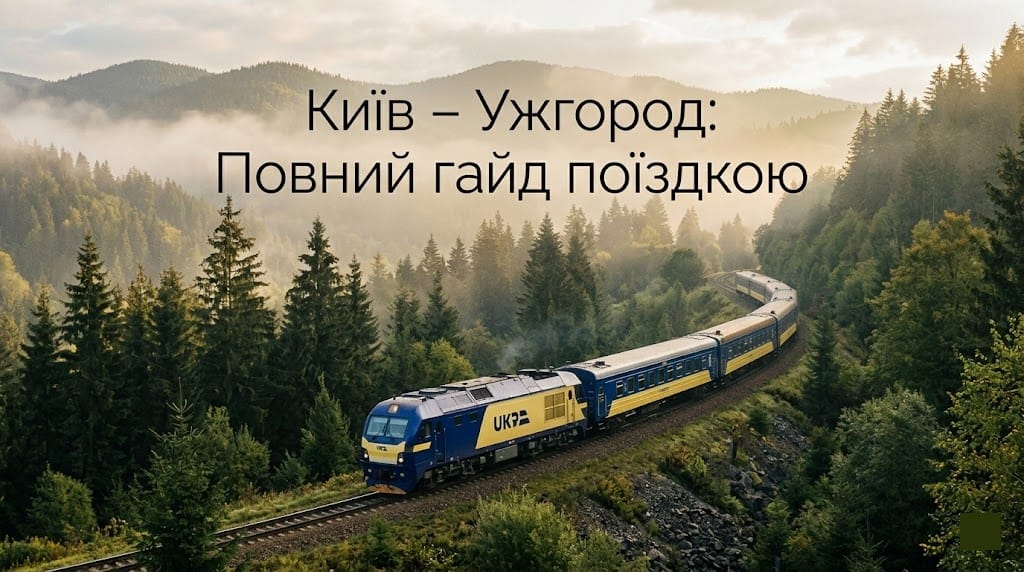 Сучасний нічний поїзд Укрзалізниці на фоні гірського пейзажу Закарпаття.