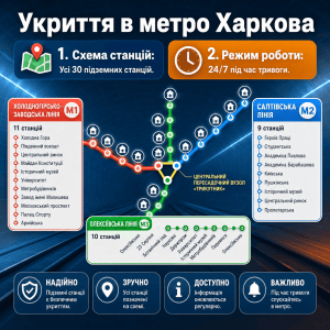 Інфографіка-схема укриттів у метро Харкова: карта трьох ліній та основні правила роботи під час тривоги.