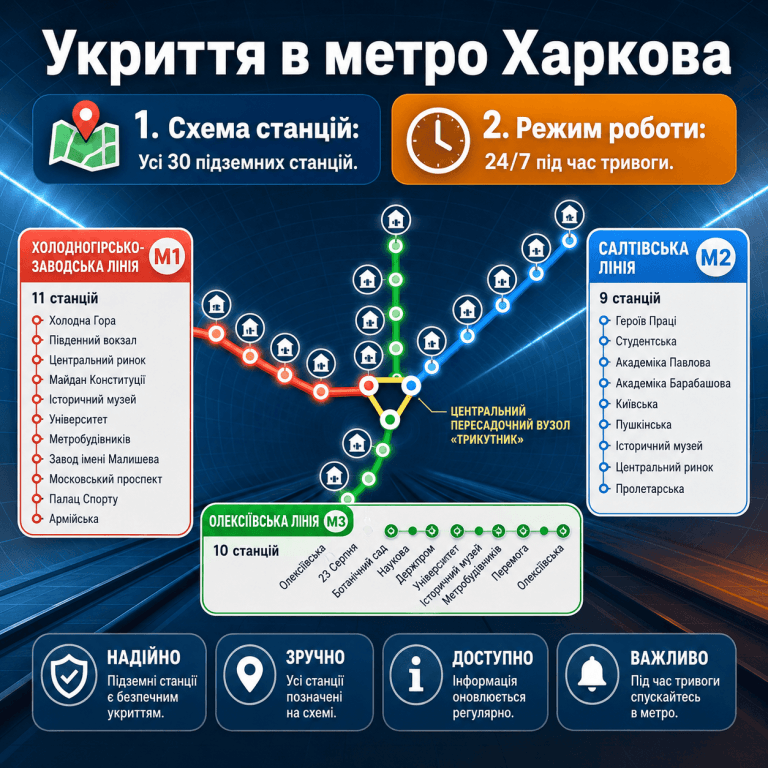 Інфографіка-схема укриттів у метро Харкова: карта трьох ліній та основні правила роботи під час тривоги.