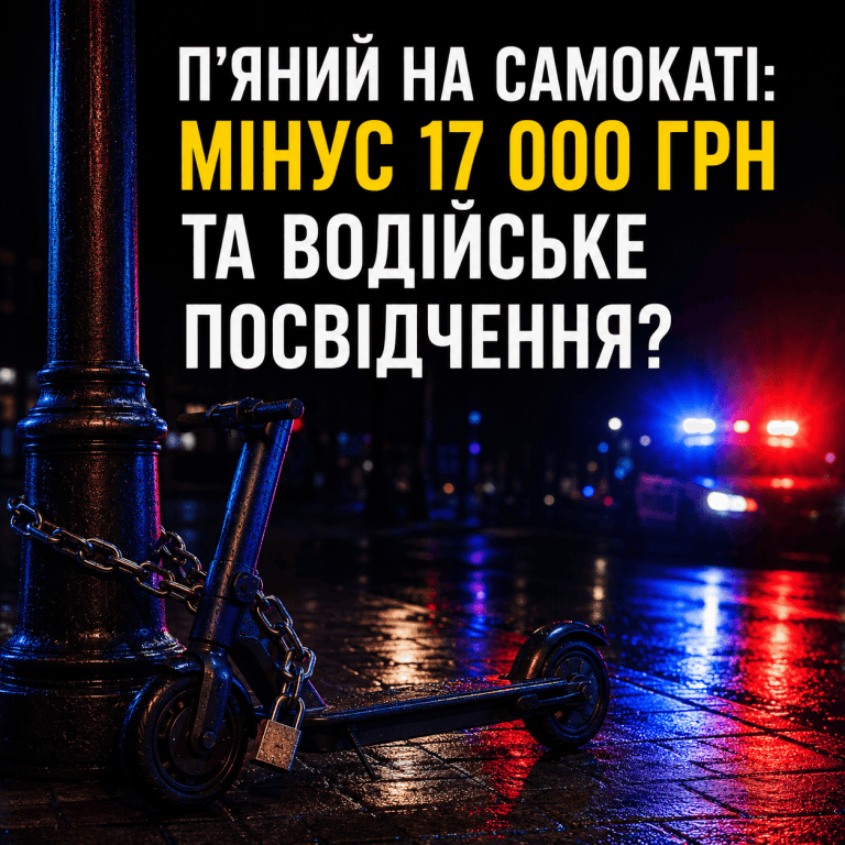 Електросамокат, прикований ланцюгом на нічній вулиці в променях поліцейських маячків, із текстовим попередженням про штраф та позбавлення прав українською мовою.