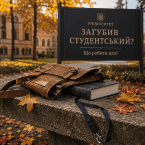 Реалістичний знімок порожнього ланьярда та рюкзака на лавці біля університету, стилізований концепт втрати студентського квитка.