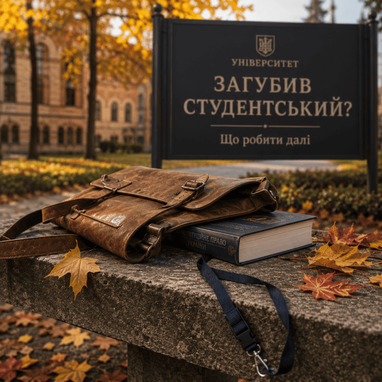 Реалістичний знімок порожнього ланьярда та рюкзака на лавці біля університету, стилізований концепт втрати студентського квитка.