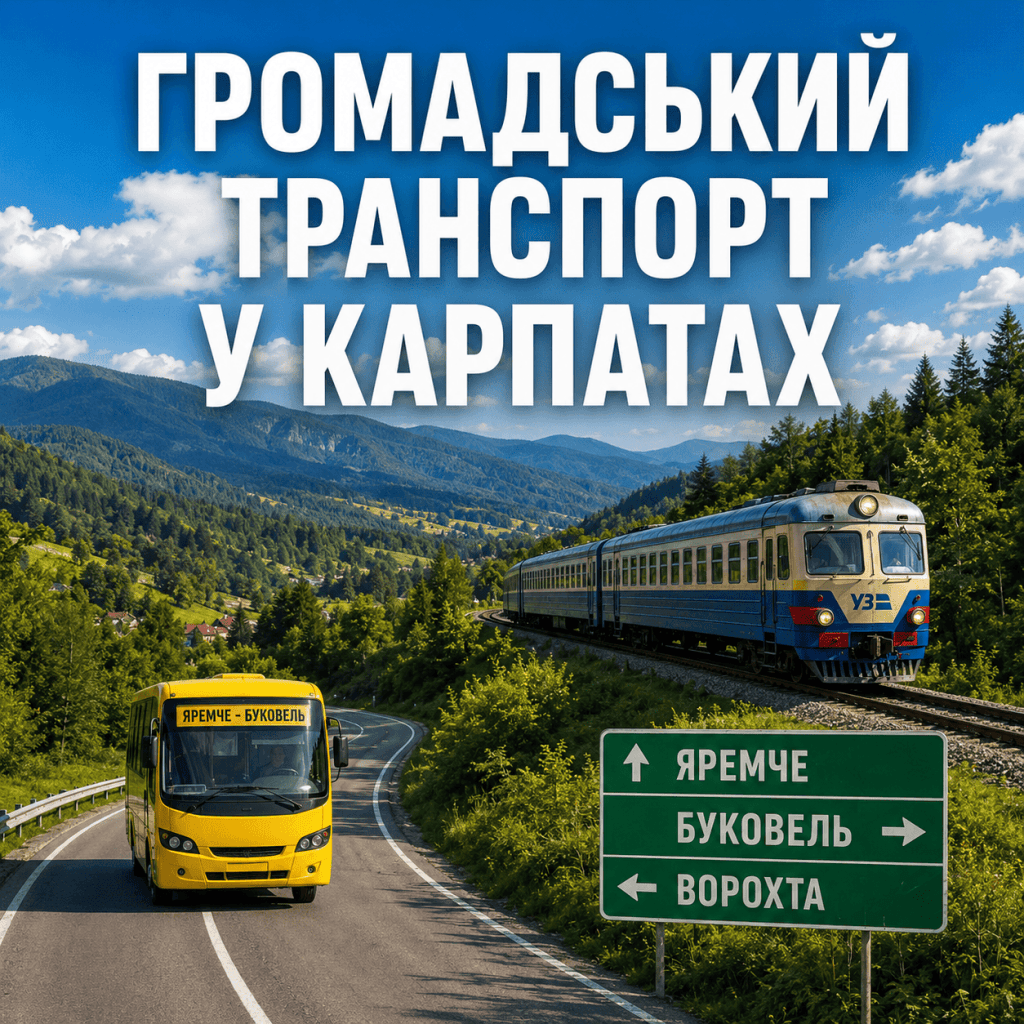Звивиста гірська дорога в Карпатах із жовтою маршруткою "Яремче - Буковель" та дизель-поїздом на коліях поруч, із заголовком "ГРОМАДСЬКИЙ ТРАНСПОРТ У КАРПАТАХ".
