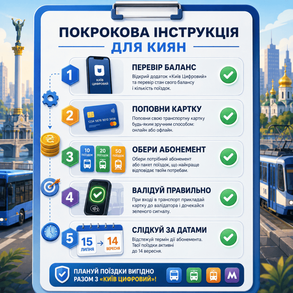 Модернова інфографіка-чекліст, що складається з п'яти послідовних кроків із іконками та структурованим українським текстом: '1. Перевір баланс', '2. Поповни картку', '3. Обери абонемент', '4. Валідуй правильно', '5. Слідкуй за датами', що допомагає пасажирам адаптуватися до нових тарифів.
