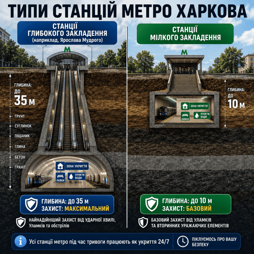 Порівняльна схема розрізу глибокої та мілкої станцій метро Харкова, що показує рівень захисту від обстрілів.