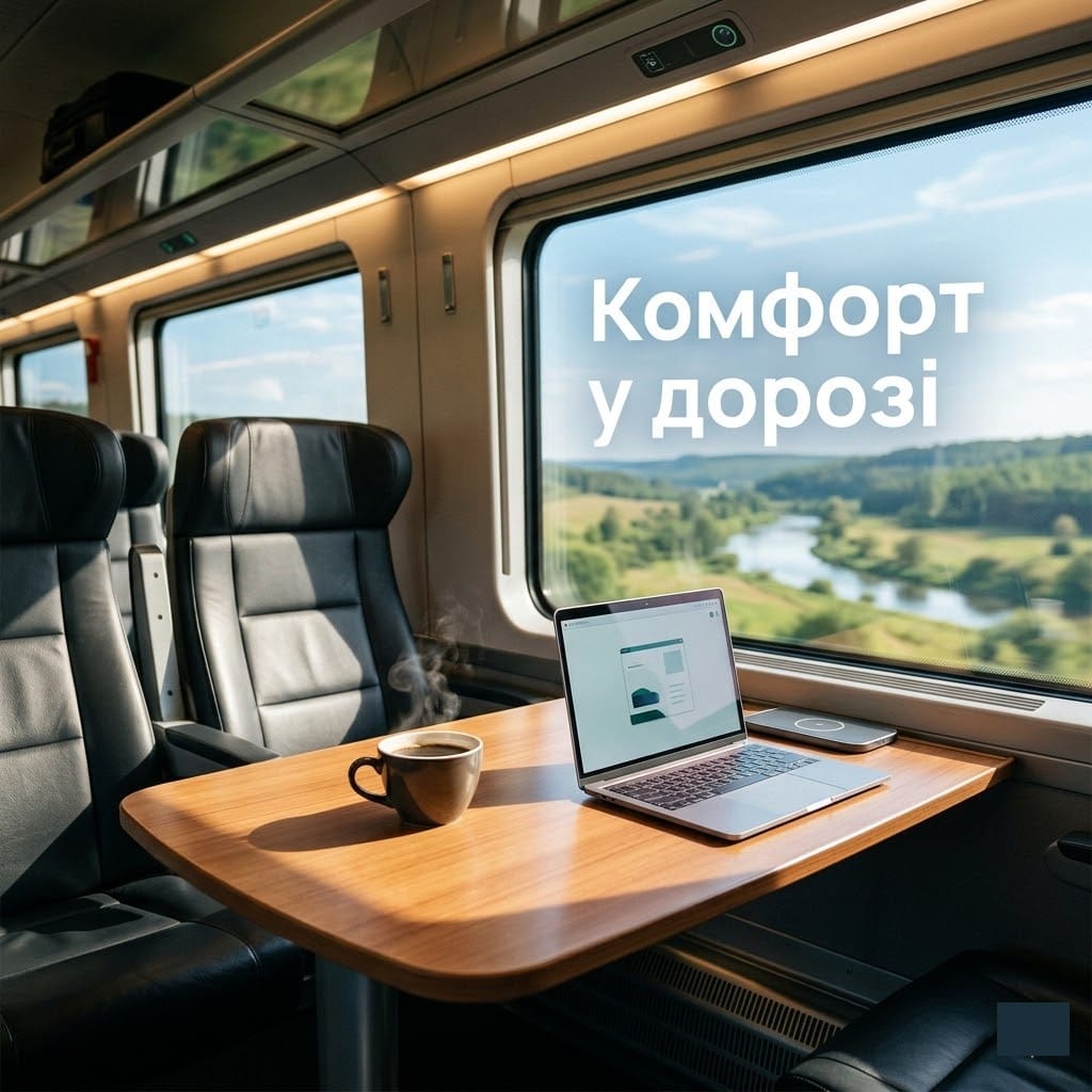 Затишне місце біля вікна в поїзді або автобусі, що символізує комфортну поїздку.