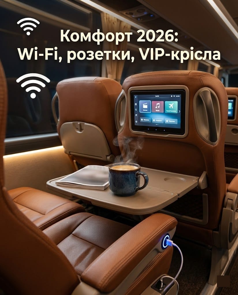 Інтер'єр комфортабельного автобуса 2026 року з розкладними кріслами, Wi-Fi та розетками.