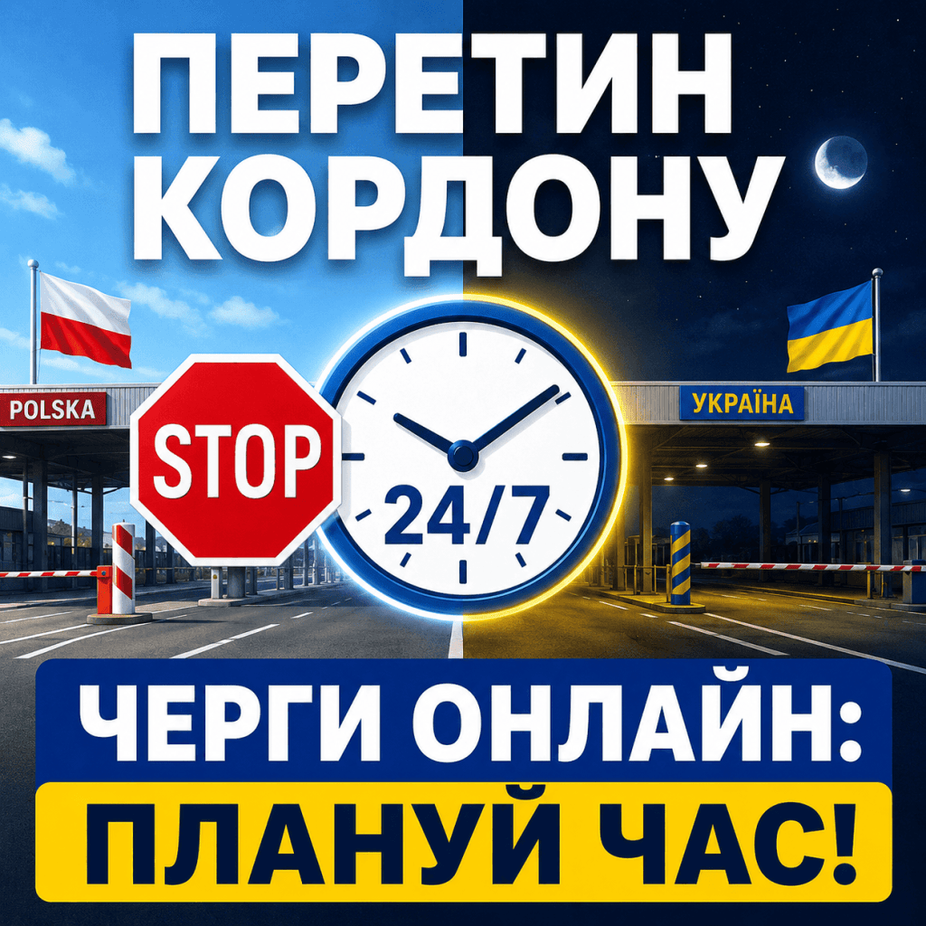 Символічне графічне зображення пункту пропуску на кордоні з годинником, що нагадує про перевірку черг.