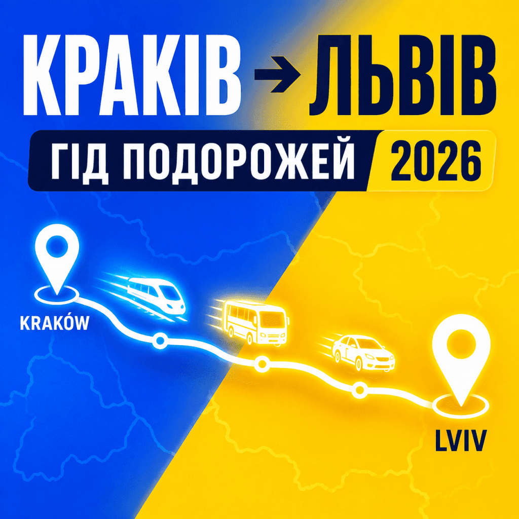 Графічне зображення маршруту Краків — Львів 2026 року з іконками поїзда, автобуса та автомобіля на яскравому фоні.