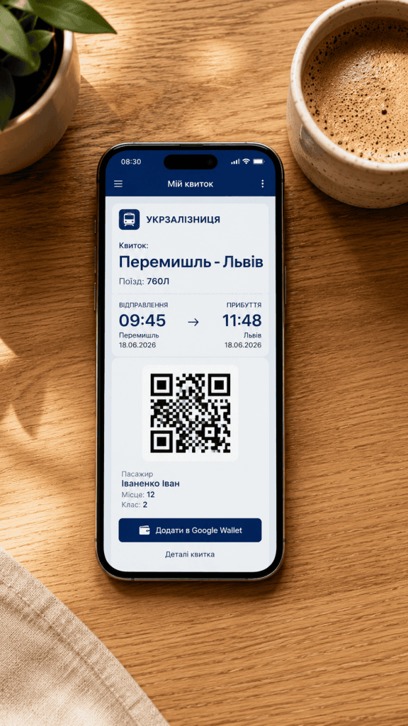 Екран смартфона з електронним квитком на поїзд Інтерсіті Перемишль Львів та QR-кодом.