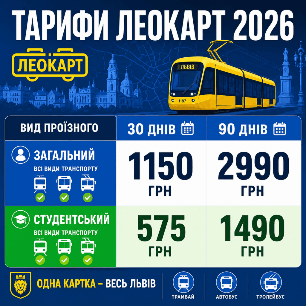 Діаграма тарифів на проїзні квитки ЛеоКарт у Львові 2026 року: Загальний, Студентський.