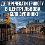 Зображення центру Львова з видом на Оперний театр та зупинку транспорту, з жирним українським текстом: "Де перечекати тривогу в центрі Львова (біля зупинок)".