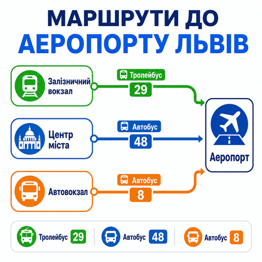 Графічна схема-діаграма маршрутів львівського громадського транспорту від залізничного вокзалу, автовокзалу та центру міста до аеропорту.