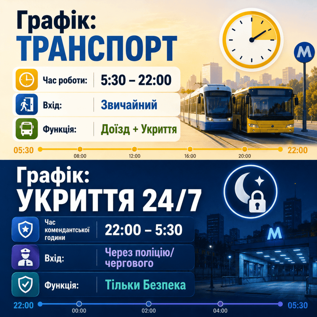 Порівняння графіка роботи метро Харкова як транспорту та як укриття: як потрапити на станцію вночі під час комендантської години.
