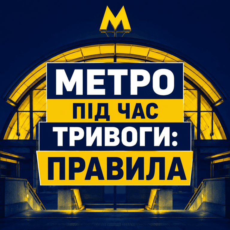Контрастний інформаційний банер із великим жовто-білим написом "МЕТРО ПІД ЧАС ТРИВОГИ: ПРАВИЛА" на тлі павільйону станції метро у Києві.