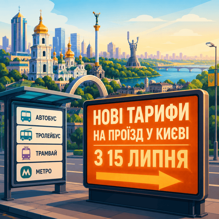 Модернова векторна ілюстрація міського пейзажу Києва з помаранчевим цифровим табло, що відображає текст "НОВІ ТАРИФИ НА ПРОЇЗД У КИЄВІ З 15 ЛИПНЯ". Зображено стилізовані іконки громадського транспорту: автобус, тролейбус, трамвай та вхід до метро.