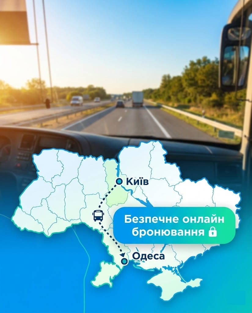 Схема маршруту Київ-Одеса та заклик до безпечного онлайн-бронювання квитків на автобус.