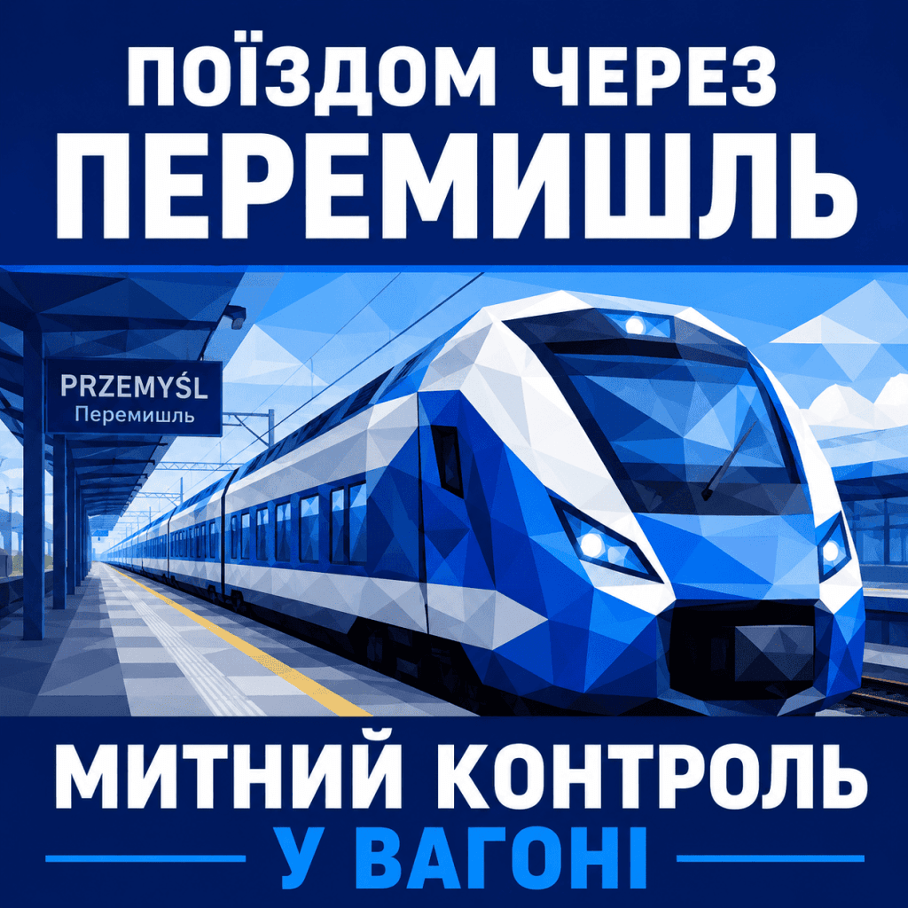 Сучасний пасажирський поїзд на залізничному вокзалі, що символізує маршрут з пересадкою в Перемишлі.