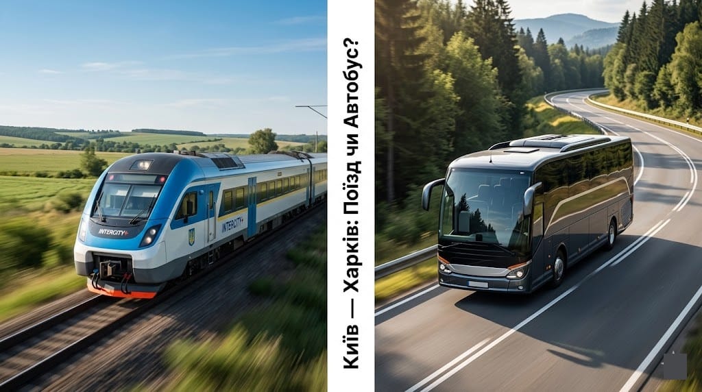 Порівняння поїзда Інтерсіті та міжміського автобуса на маршруті Київ-Харків.