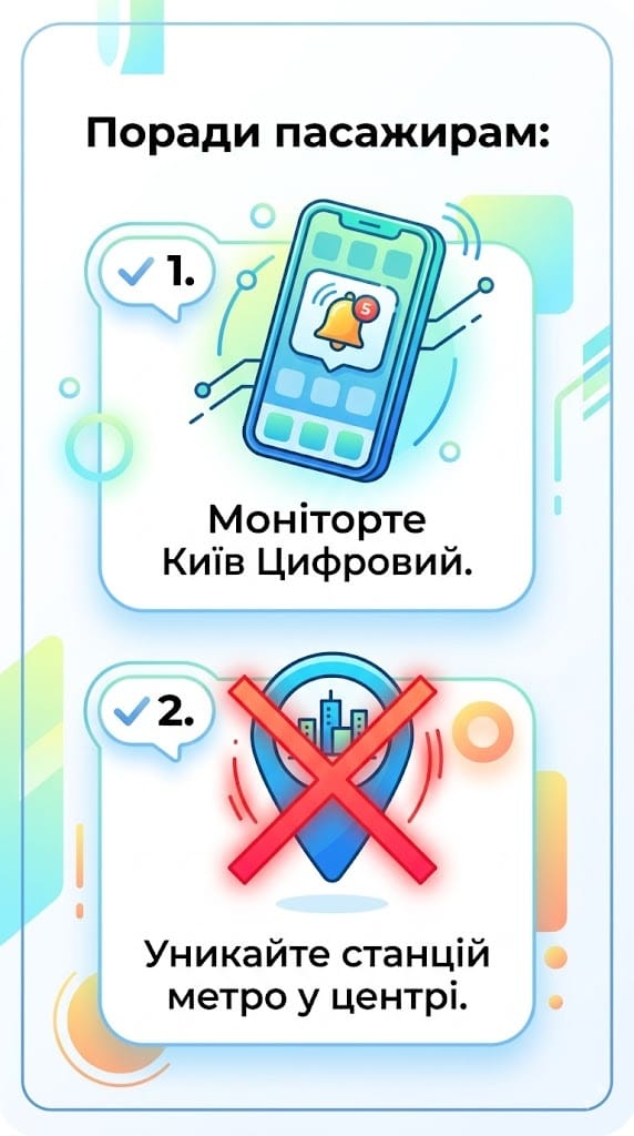 Чек-лист із корисними порадами для пасажирів громадського транспорту Києва під час воєнного стану.
