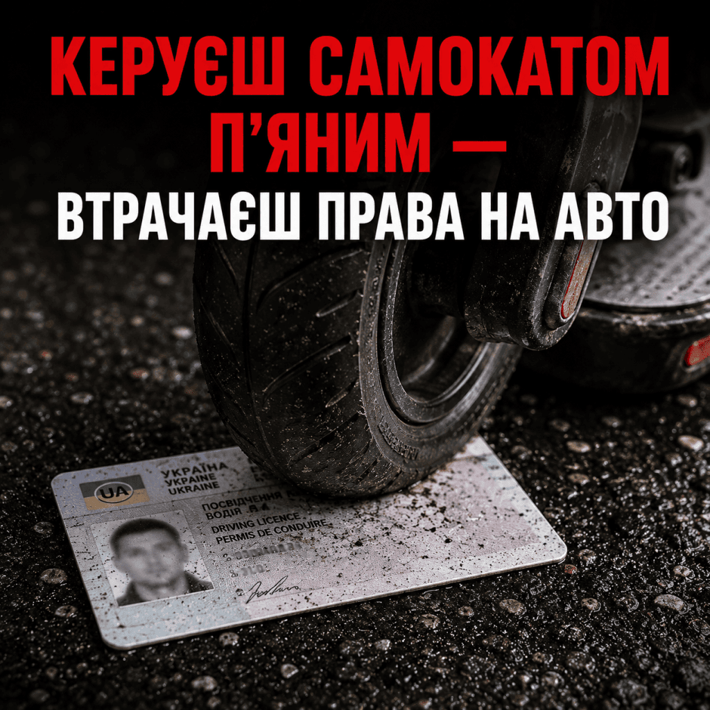 Водійське посвідчення України, переїхане колесом електросамоката на асфальті, із попередженням про втрату прав.