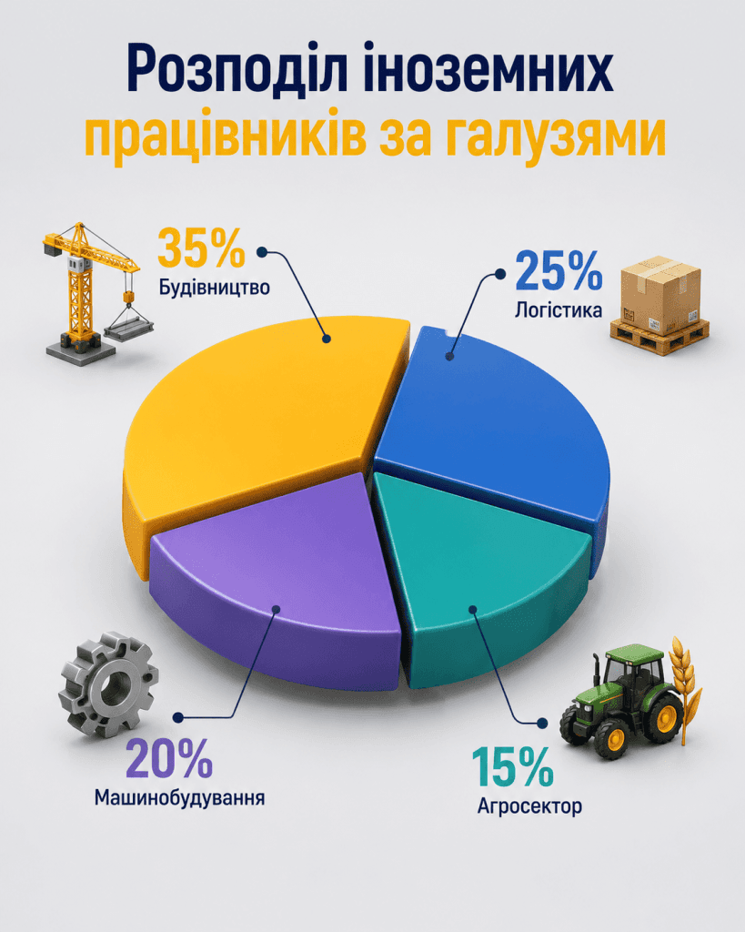 Діаграма розподілу за галузями: працівники з Індії в Україні. Досвід найму іноземців українськими компаніями міста Одеса у сфері логістики та будівництва.