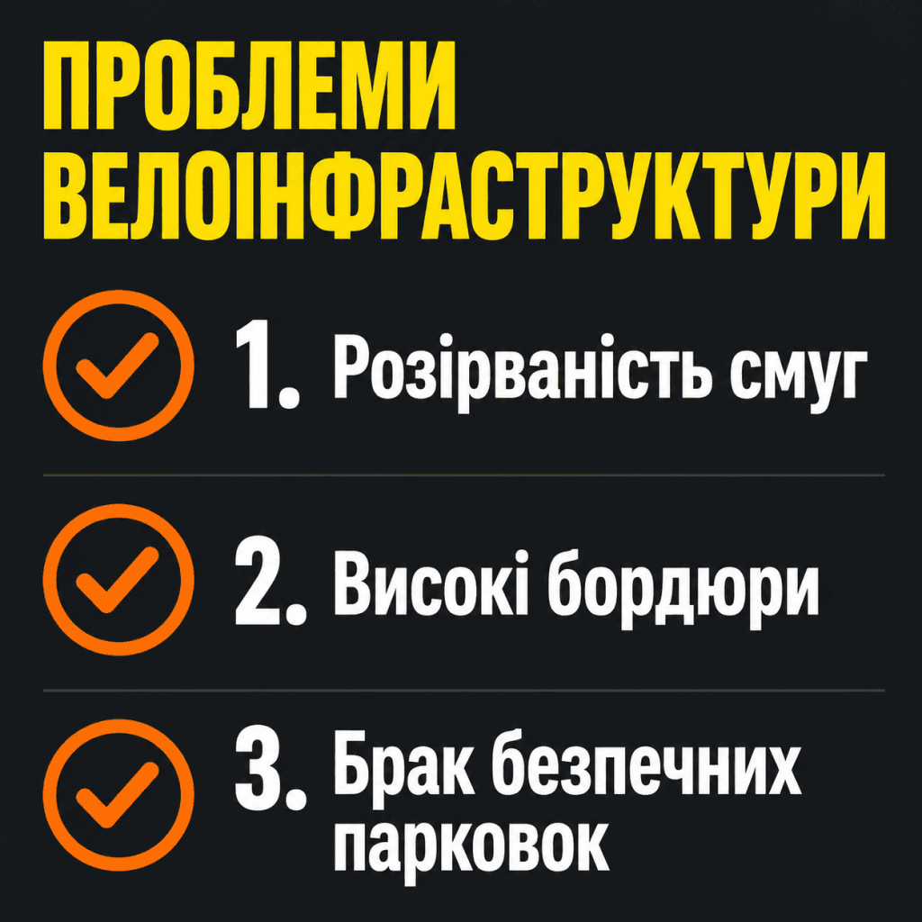 Інфографіка з чек-листом основних проблем велоінфраструктури Києва для щоденних поїздок: розірваність мережі, високі бордюри, відсутність паркінгів. Немає людей.