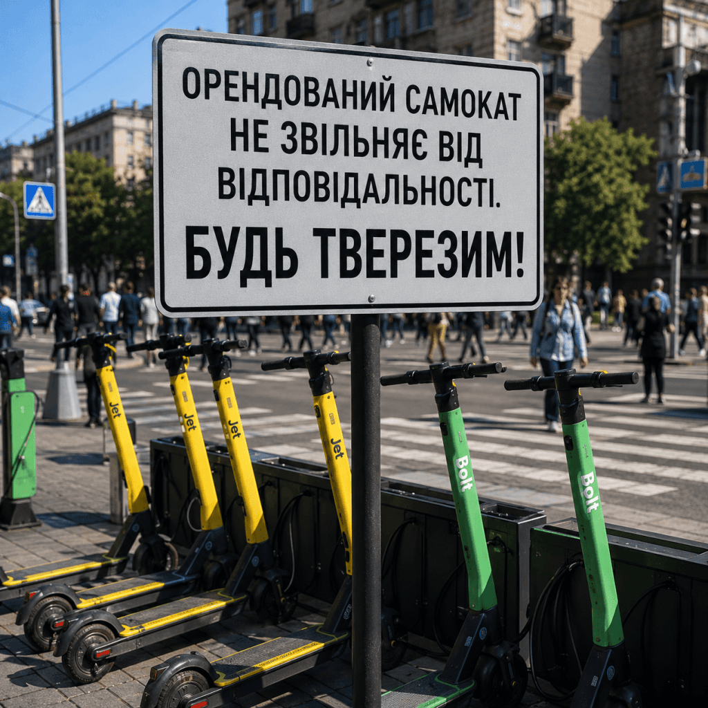 Ряд прокатних електросамокатів біля пішохідного переходу та дорожній знак із закликом бути тверезим українською мовою.