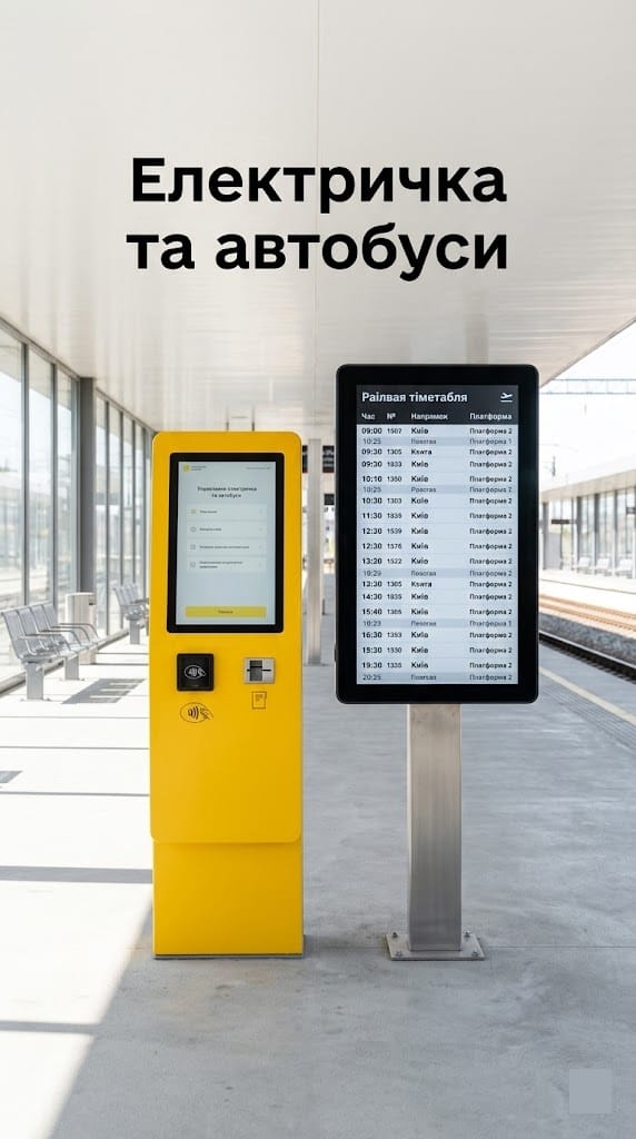Розклад електрички на Бориспіль та термінал оплати громадського транспорту.