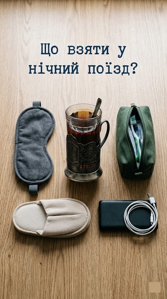 Набір необхідних речей для комфортної нічної поїздки в поїзді: гігієна, гаджети та комфорт.