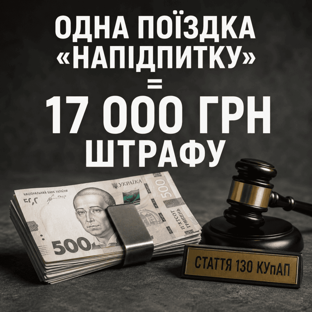 Стопка гривень та суддівський молоток із табличкою Стаття 130 КУпАП, що символізують штраф за водіння самоката у стані сп'яніння.