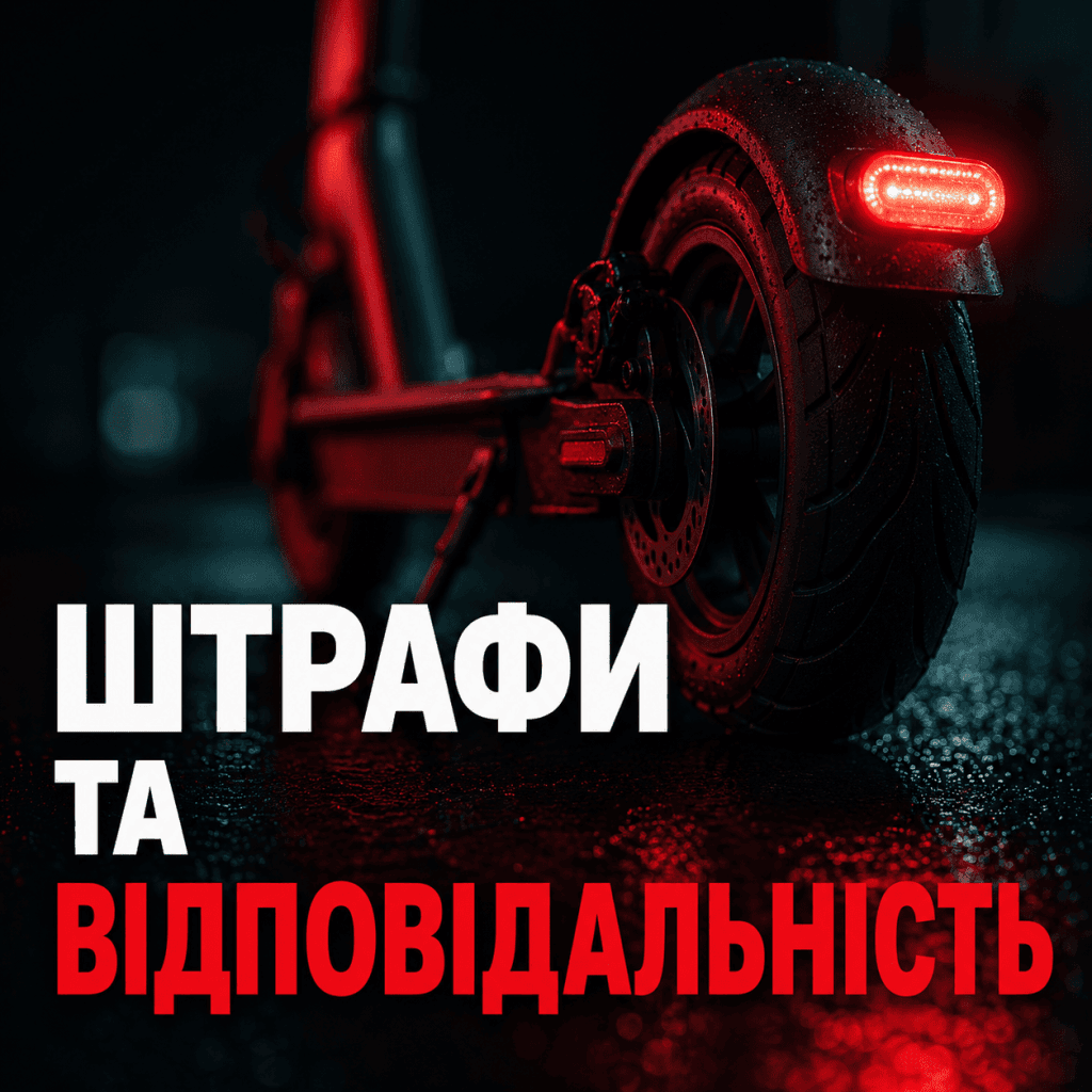 Макрофотографія колеса електросамоката на темному асфальті з яскравим червоним попереджувальним акцентом та мобільним текстовим блоком "ШТРАФИ ТА ВІДПОВІДАЛЬНІСТЬ".
