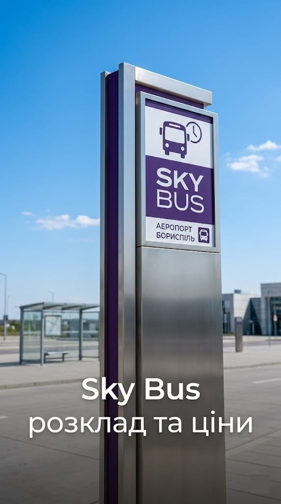 Зупинка та графік руху фіолетового автобуса Sky Bus до аеропорту Бориспіль.