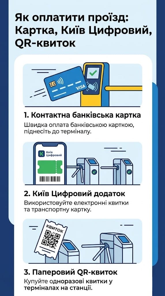 Інфографіка способів оплати проїзду в метро Києва: банківська картка, застосунок Київ Цифровий та паперовий QR-квиток.