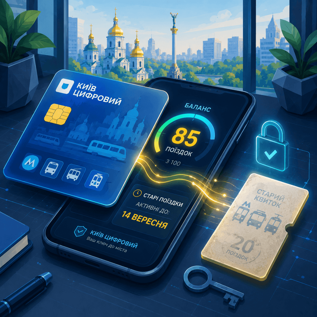 Модернова ізометрична ілюстрація стилізованої транспортної картки 'Київ Цифровий', що відображає активний баланс поїздок з текстовим поясненням: 'СТАРІ ПОЇЗДКИ: АКТИВНІ ДО 14 ВЕРЕСНЯ', що символізує їх збереження.