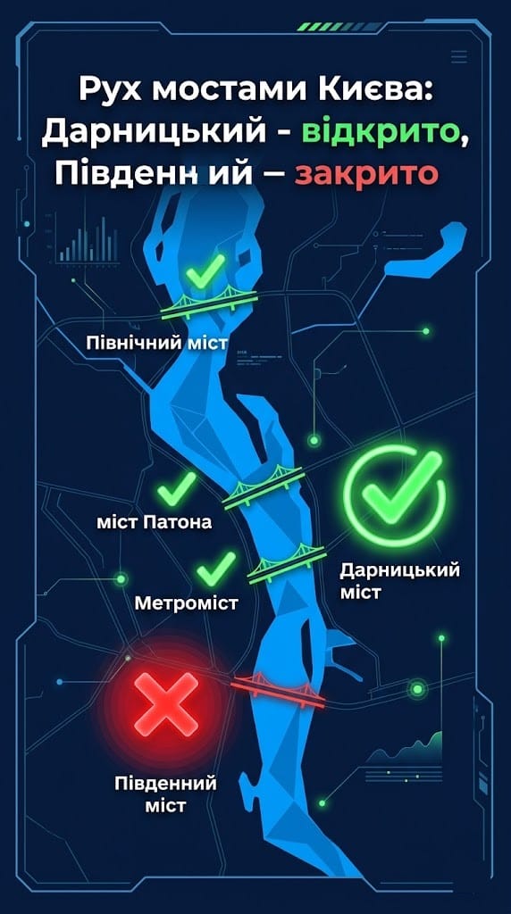 Схема руху мостами Києва: статус Дарницького, Північного та Південного мостів після відбою.