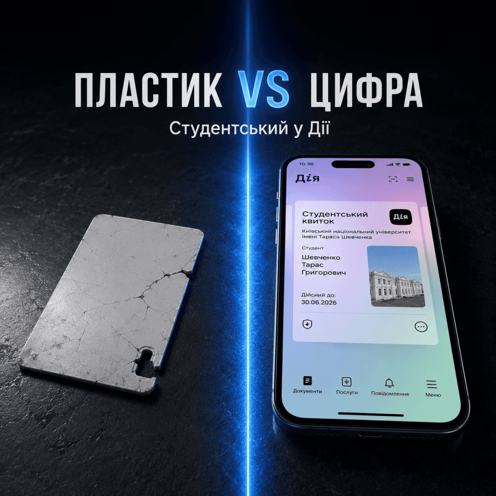 Порівняння форматів: зламаний пластиковий студентський квиток та сяючий смартфон із цифровим документом у Дії.