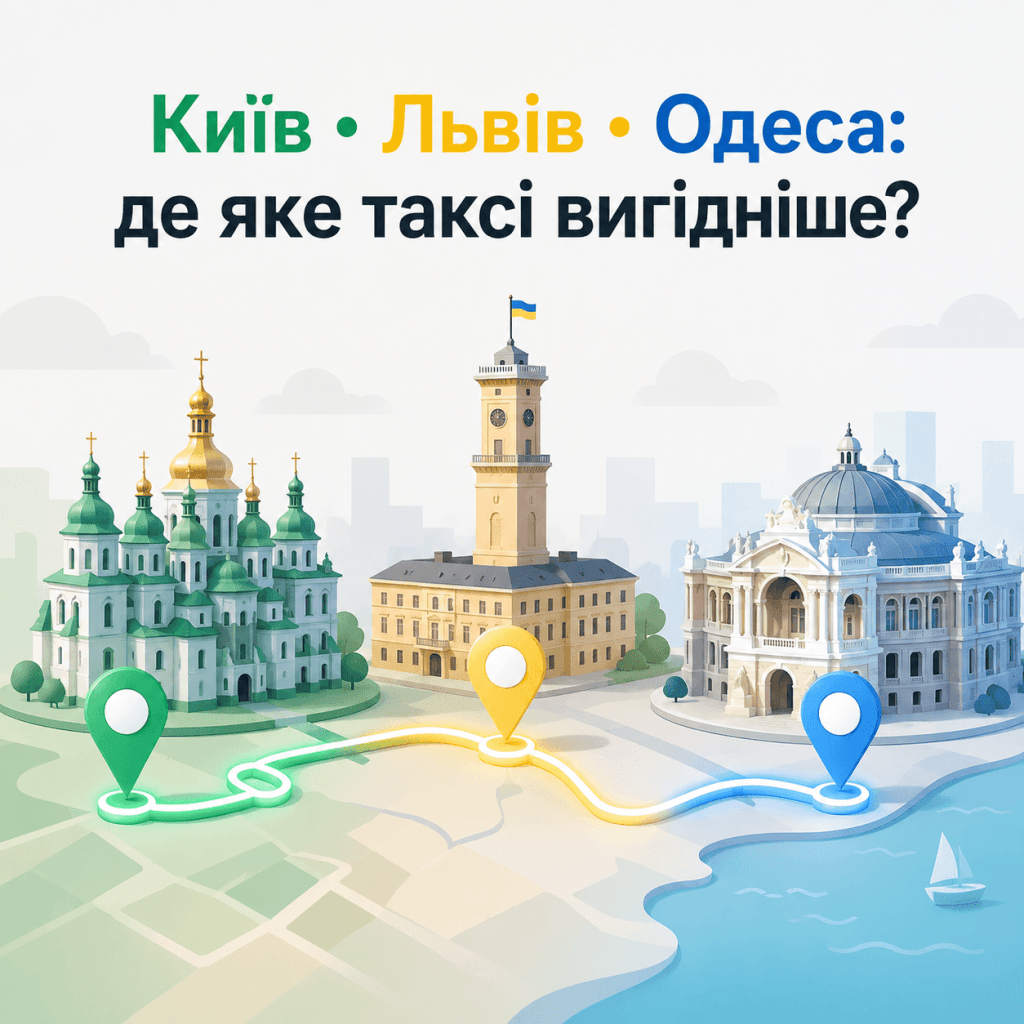 Графічне зображення архітектурних символів Києва, Львова та Одеси з позначками та маршрутами таксі на карті.