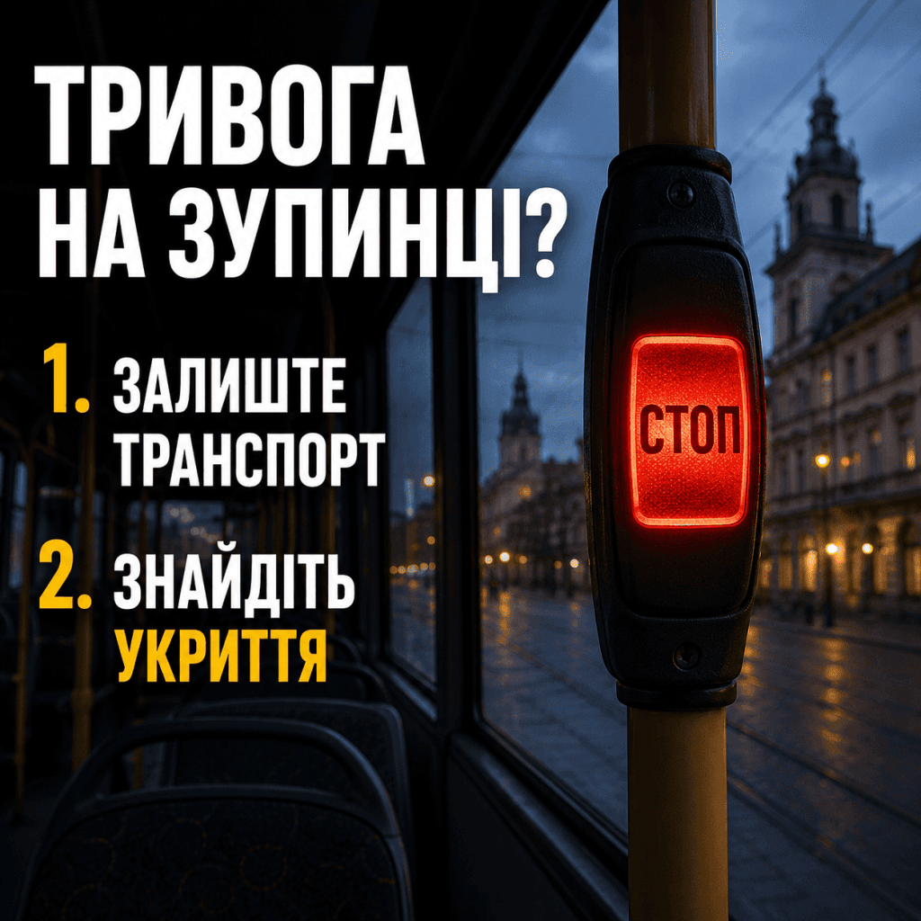 Крупний план кнопки зупинки у порожньому львівському транспорті з українськими інструкціями під час тривоги: "Тривога на зупинці? 1. Залиште транспорт 2. Знайдіть укриття".